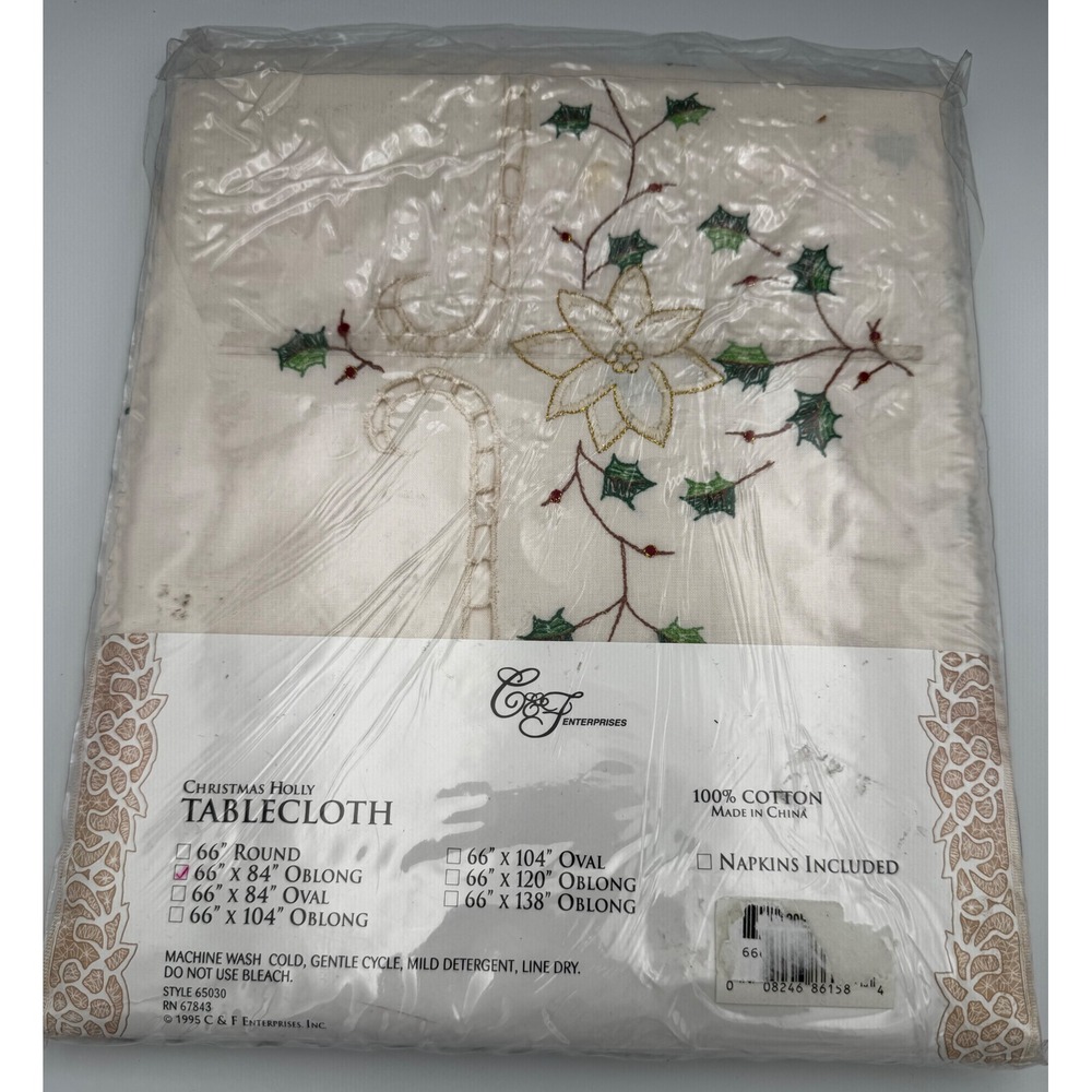 Vtg 1995 Christmas Holly Tablecloth 66x84 Oblong NIP Embroidered Cutwork Ecru - Picture 6 of 11